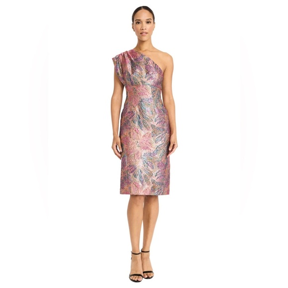 Maggy London One-Shoulder Pink and Purple Midi Brocade/Jaquard Dress - Picture 10 of 12